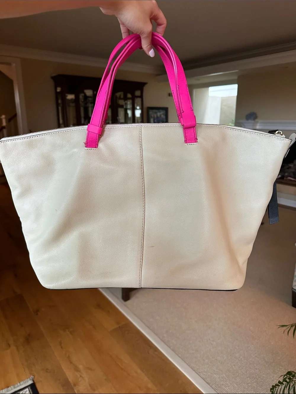 kate spade Cream & Black Leather Tote with Hot Pink Handles